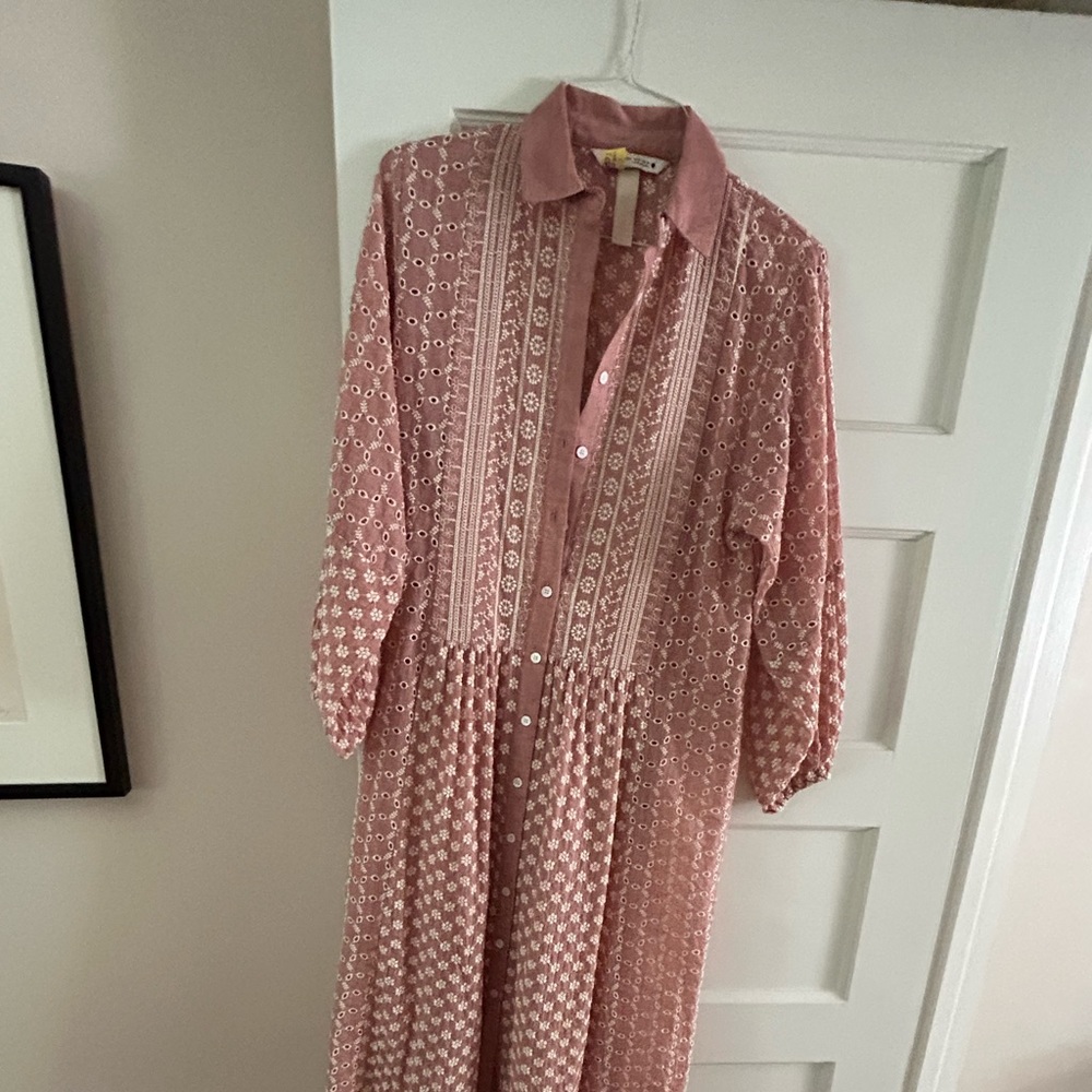 Zara pink embroidered eyelet drop waist dress.